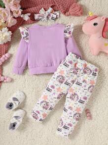 Baby Cartoon Graphic Ruffle Trim Sweatshirt & Pants - Multicolor - View 2