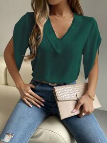 EMERY ROSE 拼接水溶蕾絲花瓣袖襯衫 - 墨綠色 - 查看 3