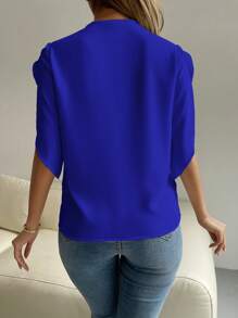 SHEIN LUNE Guipure Lace Panel Petal Sleeve Blouse - Royal Blue - View 2