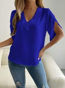 SHEIN LUNE Guipure Lace Panel Petal Sleeve Blouse - Royal Blue - View 4