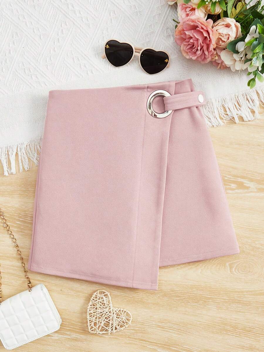 SHEIN Tween Girl Solid Wrap Hem Skirt - Baby Pink - View 1