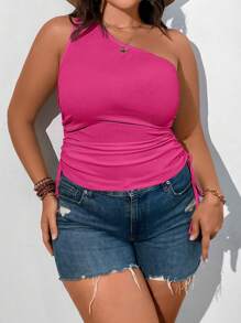 Calvaya Plus One Shoulder Drawstring Ruched Side Crop Top - Hot Pink - View 4