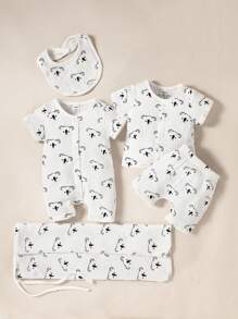 SHEIN 嬰兒卡通圖案連身短褲和上衣和短褲和圍兜和組合包