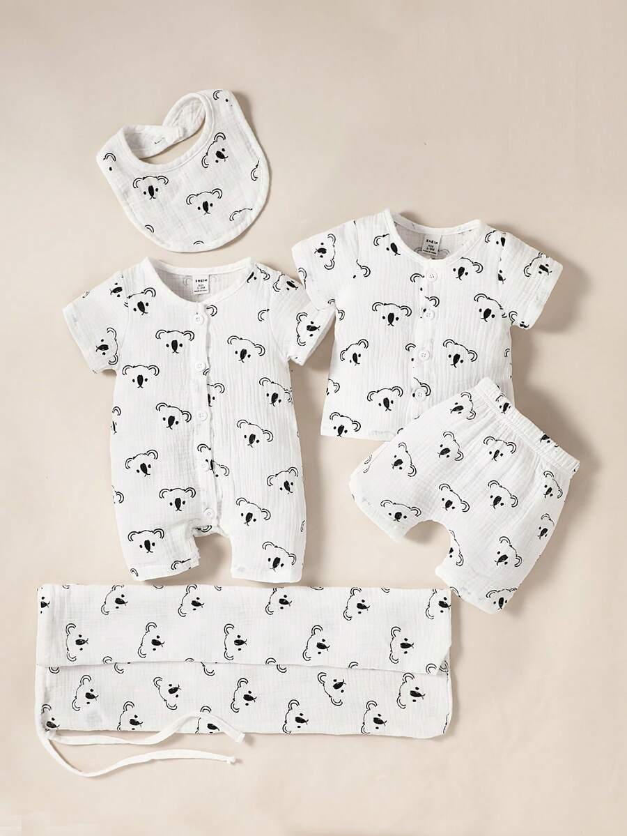 SHEIN 嬰兒卡通圖案連身短褲和上衣和短褲和圍兜和組合包