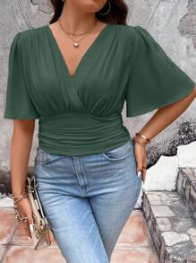 Celure Áo sơ mi Plus Size Xù Trọn gói Dải chun màu trơn Giải trí - màu xanh lá - Xem 1