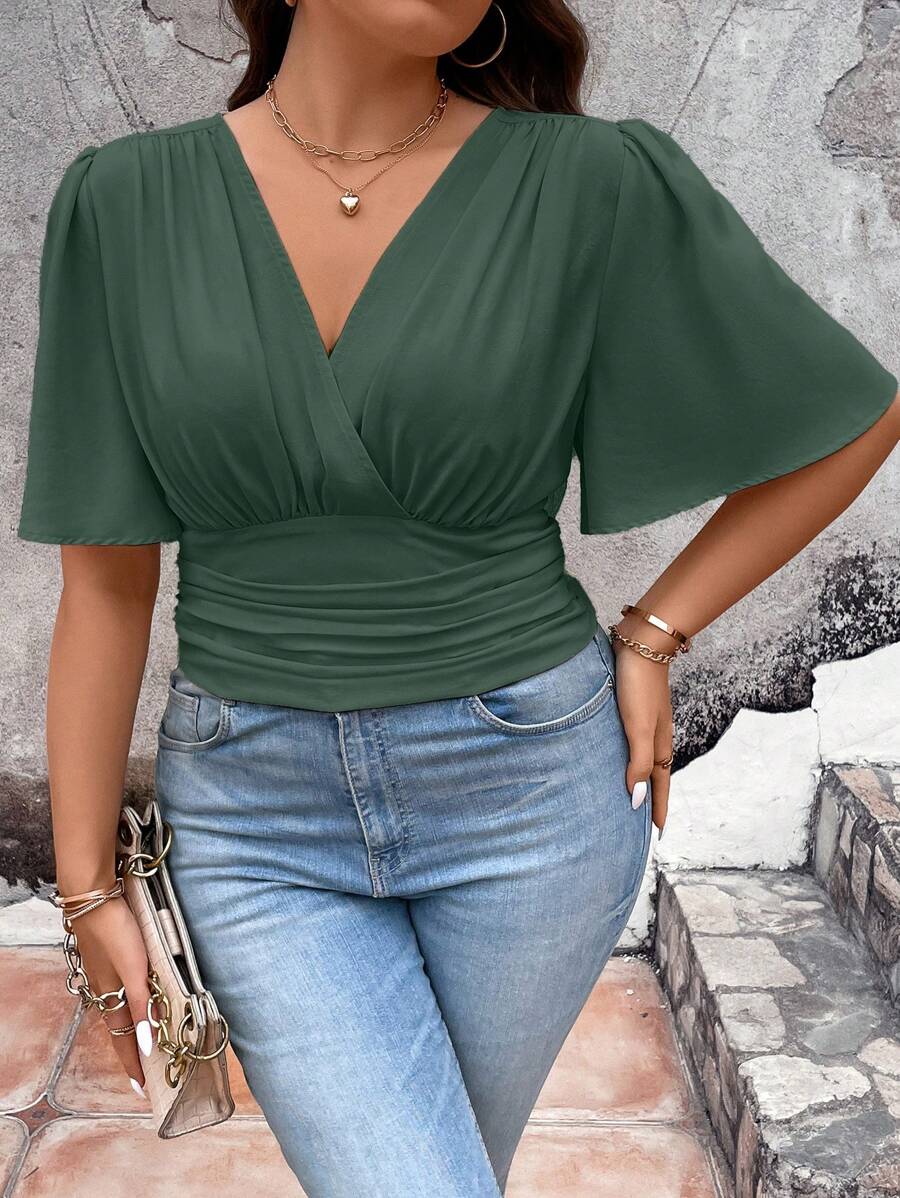 Celure Áo sơ mi Plus Size Xù Trọn gói Dải chun màu trơn Giải trí - màu xanh lá - Xem 1