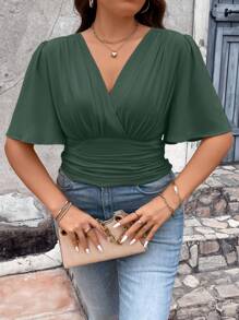 Celure Áo sơ mi Plus Size Xù Trọn gói Dải chun màu trơn Giải trí - màu xanh lá - Xem 3