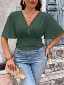 Celure Áo sơ mi Plus Size Xù Trọn gói Dải chun màu trơn Giải trí - màu xanh lá - Xem 4