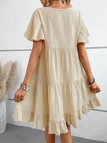 SHEIN LUNE Đầm Viên lá sen Nút phía trước màu trơn Giải trí - Màu be - Xem 3