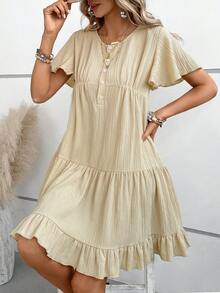 SHEIN LUNE Đầm Viên lá sen Nút phía trước màu trơn Giải trí - Màu be - Xem 4