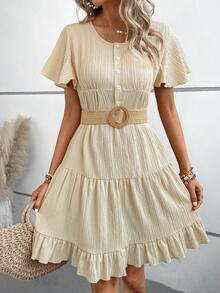 SHEIN LUNE Đầm Viên lá sen Nút phía trước màu trơn Giải trí - Màu be - Xem 5