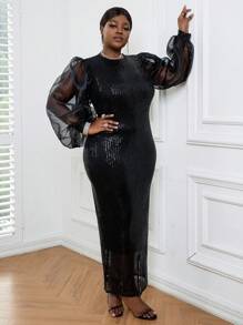 大碼網紗拼接燈籠袖亮片正式洋裝 - 黑色 - 查看 1