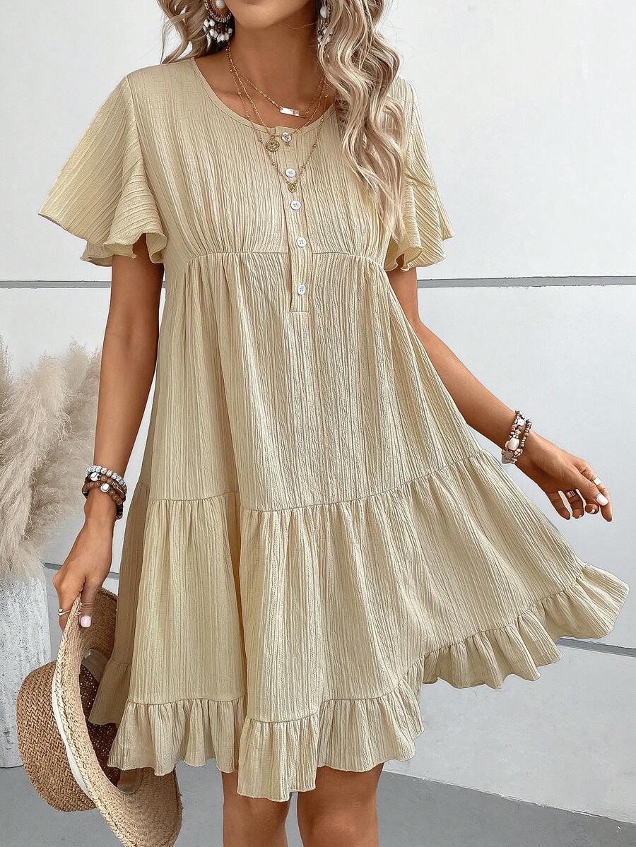 SHEIN LUNE Đầm Viên lá sen Nút phía trước màu trơn Giải trí - Màu be - Xem 1