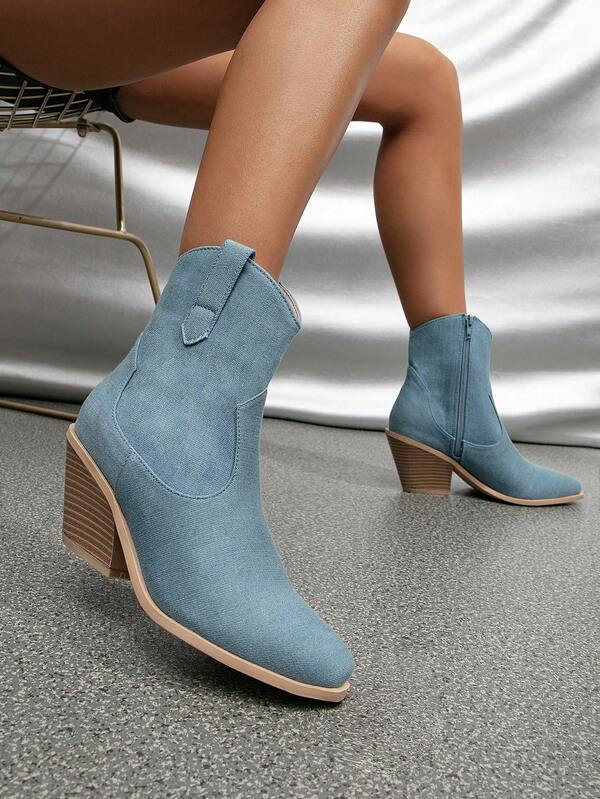 Square Toe Chunky Heel Denim Western Boots SHEIN USA