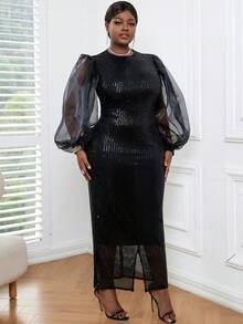 大碼網紗拼接燈籠袖亮片正式洋裝 - 黑色 - 查看 3