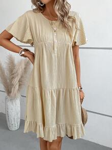 SHEIN LUNE Đầm Viên lá sen Nút phía trước màu trơn Giải trí - Màu be - Xem 6