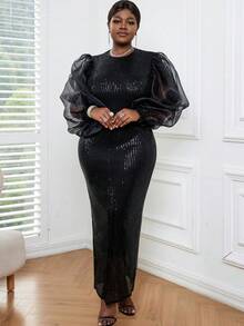 大碼網紗拼接燈籠袖亮片正式洋裝 - 黑色 - 查看 4