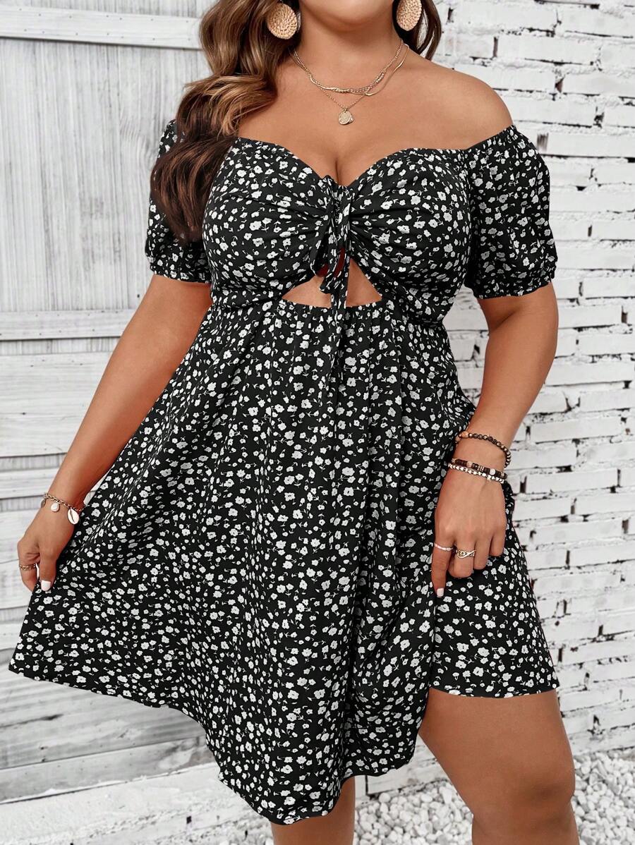 Breezaya Plus Ditsy Floral Print Off Shoulder Cut Out Knot Front Summer Boho Dress - Black and White - View 1