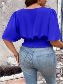 Celure 大碼褶邊蝴蝶袖襯衫 - 藍色 - 查看 2