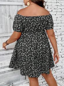 Breezaya Plus Ditsy Floral Print Off Shoulder Cut Out Knot Front Summer Boho Dress - Black and White - View 2