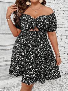 Breezaya Plus Ditsy Floral Print Off Shoulder Cut Out Knot Front Summer Boho Dress - Black and White - View 3