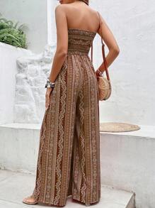 Breezaya 佩斯利印花高衩抹胸連體褲 - 卡其色 - 查看 2