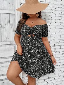 Breezaya Plus Ditsy Floral Print Off Shoulder Cut Out Knot Front Summer Boho Dress - Black and White - View 4