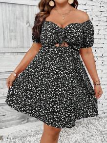 Breezaya Plus Ditsy Floral Print Off Shoulder Cut Out Knot Front Summer Boho Dress - Black and White - View 5