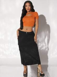 SHEIN SXY 素色側翻蓋口袋半身裙 - 黑色 - 查看 1