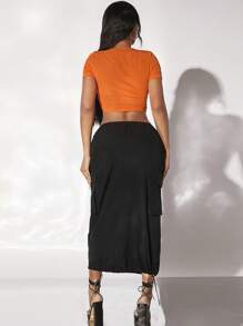 SHEIN SXY 素色側翻蓋口袋半身裙 - 黑色 - 查看 2