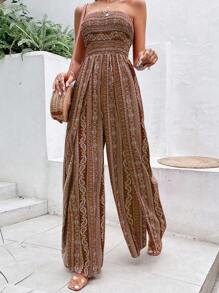 Breezaya 佩斯利印花高衩抹胸連體褲 - 卡其色 - 查看 6