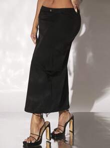 SHEIN SXY 素色側翻蓋口袋半身裙 - 黑色 - 查看 5