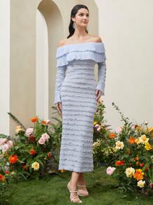 Modelyn Off Shoulder Ruffle Trim Flounce Sleeve Dress - Dusty Blue - View 6