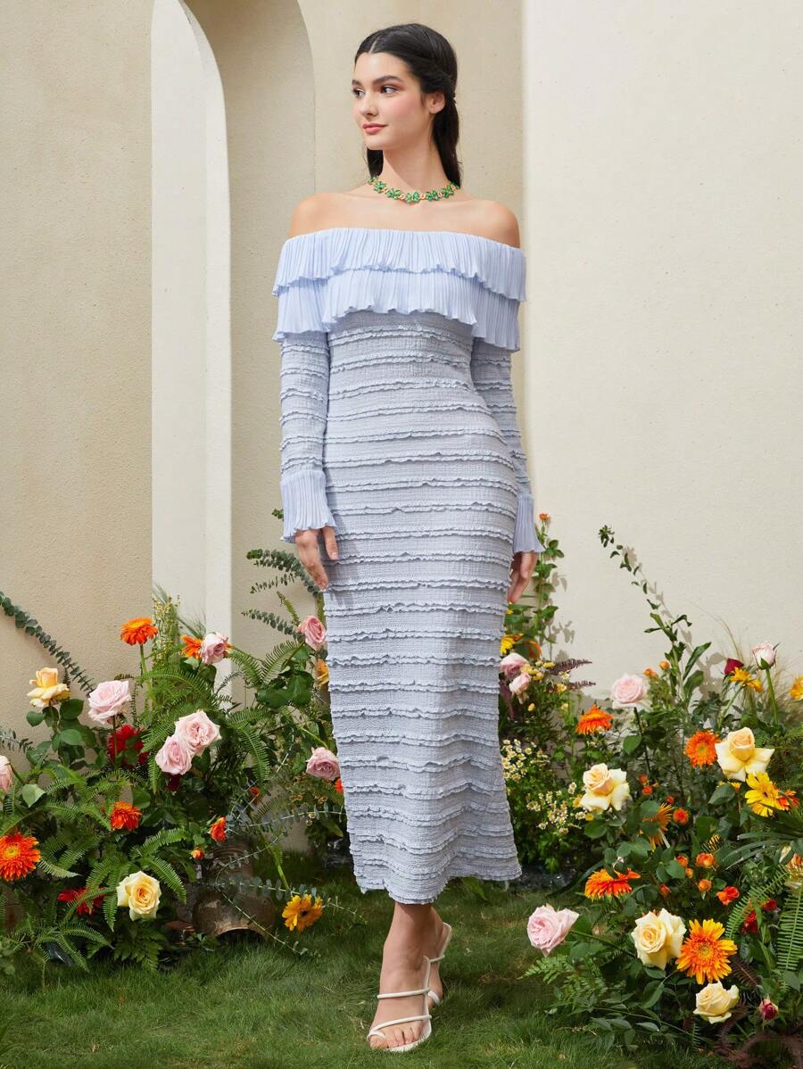 Modelyn Off Shoulder Ruffle Trim Flounce Sleeve Dress - Dusty Blue - View 1