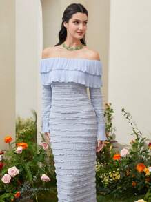 Modelyn Off Shoulder Ruffle Trim Flounce Sleeve Dress - Dusty Blue - View 3