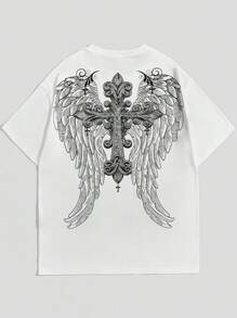 ROMWE MEN Goth Men Cross Wing Print Tee For Halloween, School - White - View 1