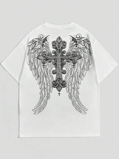 Goth Camiseta con estampado de alas cruzadas para hombre para Halloween, escuela