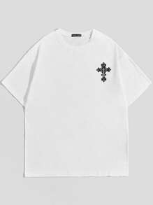 ROMWE MEN Goth Men Cross Wing Print Tee For Halloween, School - White - View 2