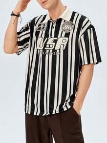 ROMWE MEN Street Life Guys Striped Letter Graphic Polo Shirt - Multicolor - View 1