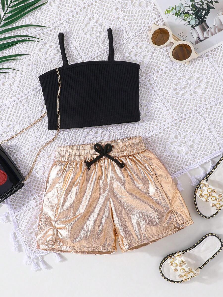 SHEIN 年輕女孩實色背心上衣和打結前短褲 - 黑色 - 查看 1