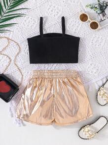 SHEIN 年輕女孩實色背心上衣和打結前短褲 - 黑色 - 查看 2