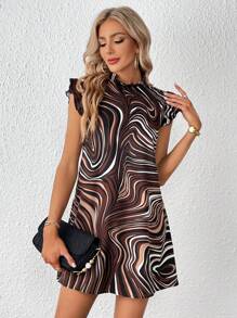 SHEIN Privé Vestido con estampado de mármol de cuello alto ribete con fruncido - Multicolor - Ver 3