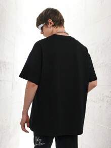 男士標語圖案落肩T恤 - 黑色 - 查看 2