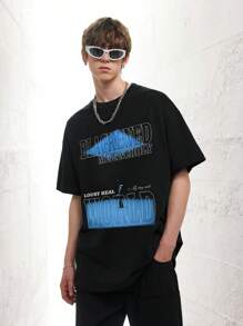 男士標語圖案落肩T恤 - 黑色 - 查看 5