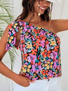 SHEIN VCAY Allover Floral Print One Shoulder Blouse - Multicolor - View 3