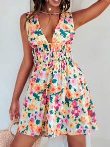 SHEIN VCAY Allover Floral Print Plunge Neck Dress - Multicolor - View 5
