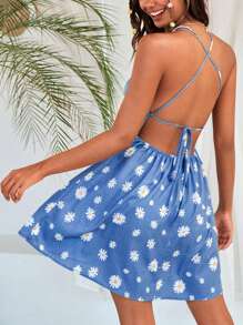 Soleia Daisy Print Ruched Bust Cami Dress - Blue - View 1