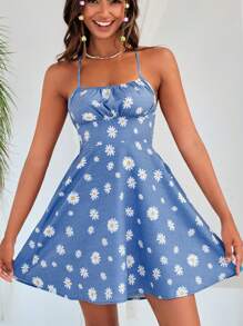 Soleia Daisy Print Ruched Bust Cami Dress - Blue - View 4