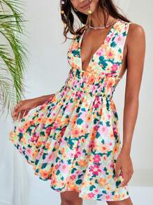 SHEIN VCAY Allover Floral Print Plunge Neck Dress - Multicolor - View 1