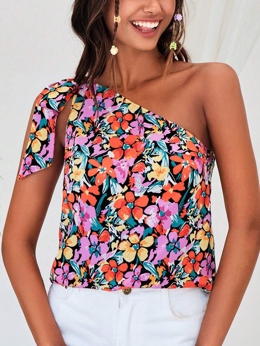 SHEIN VCAY Allover Floral Print One Shoulder Blouse - Multicolor - View 1
